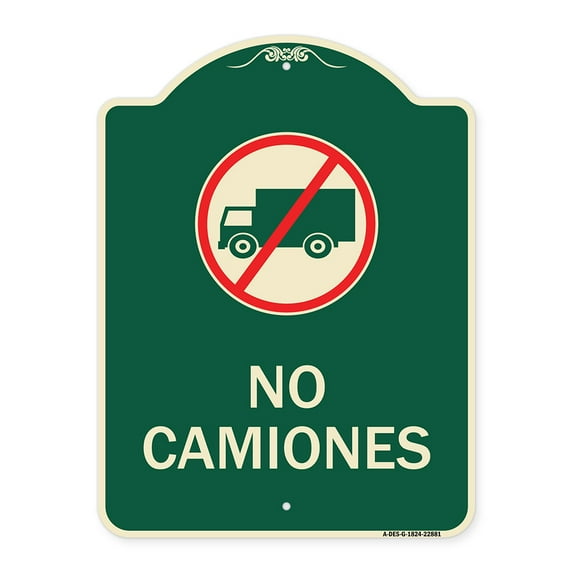 SignMission Designer Series Sign - Spanish Traffic Sign No Camiones (No Trucks) (With Graphic) | Green & Tan 18" x 24" Heavy-Gauge Aluminum Architectural Sign | Made in the USA
