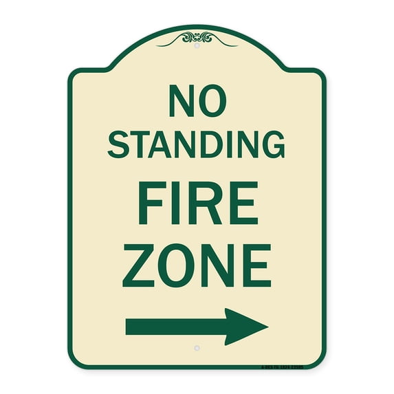 SignMission Designer Series Sign - No Standing Fire Zone with Right Arrow | Tan & Green 18" x 24" Heavy-Gauge Aluminum Architectural Sign | Protect Your Business & Municipality | Made