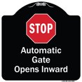 thumbnail image 1 of SignMission Designer Series Sign - Stop, Automatic Gate, Opens Inward With Symbol | Black & White 18" X 18" Heavy-Gauge Aluminum Architectural Sign | Made in the USA, 1 of 4