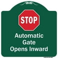 thumbnail image 1 of SignMission Designer Series Sign - Stop Automatic Gate Opens Inward With Symbol | Green & White 18" X 18" Heavy-Gauge Aluminum Architectural Sign | Made in the USA, 1 of 4