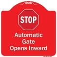 thumbnail image 1 of SignMission Designer Series Sign - Stop Automatic Gate Opens Inward With Symbol | Red & White 18" X 18" Heavy-Gauge Aluminum Architectural Sign | Made in the USA, 1 of 4