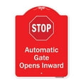 thumbnail image 1 of SignMission Designer Series Sign - Stop Automatic Gate Opens Inward With Symbol | Red & White 18" x 24" Heavy-Gauge Aluminum Architectural Sign | Made in the USA, 1 of 4