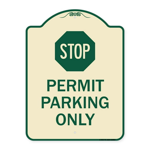 SignMission Designer Series Sign - Stop - Permit Parking Only (With Stop Symbol) | Tan & Green 18" x 24" Heavy-Gauge Aluminum Architectural Sign | Made in the USA