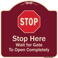 thumbnail image 1 of SignMission Designer Series Sign - Stop, Wait For Gate To Open Completely With Symbol | Burgundy 18" X 18" Heavy-Gauge Aluminum Architectural Sign | Made in the USA, 1 of 4