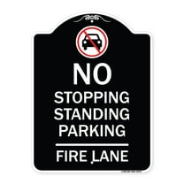 SignMission Designer Series Sign - No Stopping Standing Fire Lane with Graphic | Black & White 18" x 24" Heavy-Gauge Aluminum Architectural Sign | Made in the USA