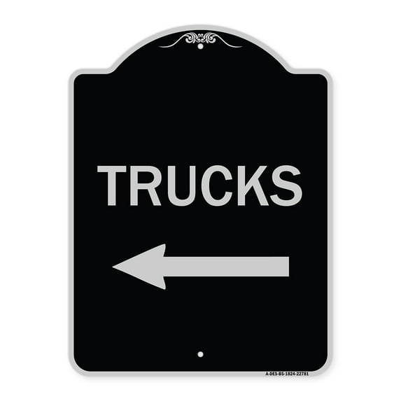 SignMission Designer Series Sign - Trucks Sign Trucks (With Left Arrow) | Black & Silver 18" x 24" Heavy-Gauge Aluminum Architectural Sign | Protect Your Business & Municipality | Made