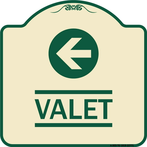 SignMission Designer Series Sign - Valet Left Arrow | Tan & Green 18" X 18" Heavy-Gauge Aluminum Architectural Sign | Protect Your Business & Municipality | Made in the USA