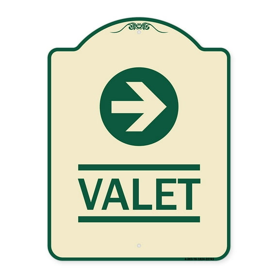 SignMission Designer Series Sign - Valet Right Arrow | Tan & Green 18" x 24" Heavy-Gauge Aluminum Architectural Sign | Protect Your Business & Municipality | Made in the USA