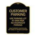 thumbnail image 1 of SignMission Designer Sign - Customer Parking - Use Parking Lot at Own Risk No Overnight Parking Unauthorized Vehicles Will Be Towed at Owner's Expense | Black & Gold 18" X 24" Aluminum, 1 of 4
