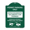 thumbnail image 1 of SignMission Designer Sign - Permit Parking Only - Estacionamiento Solamente Con Permiso. Vehicles Without Permits Will Be Towed (With Car Tow Graphic) | Green & White 18" X 24" Aluminum Sign, 1 of 4