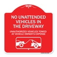 thumbnail image 1 of SignMission Designer Sign - No Unattended Vehicles in the Driveway Unauthorized Vehicles Towed at Vehicle Owner's Expense (With Car Tow Graphic) | Red & White 18" X 18" Aluminum, 1 of 4
