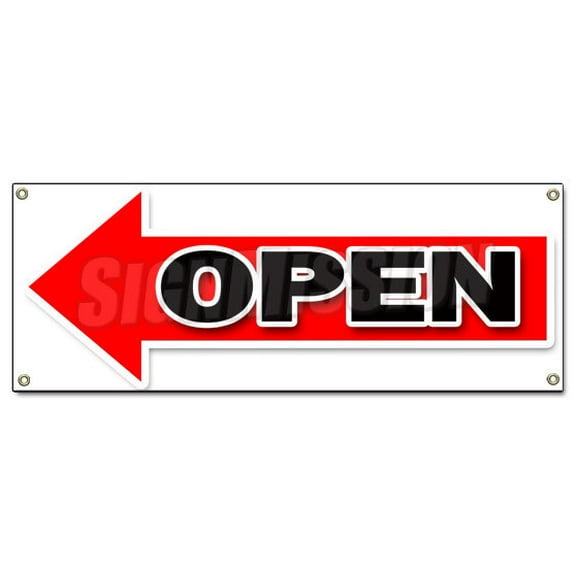 GIANT LEFT OPEN ARROW BANNER SIGN turn here sale follow directions