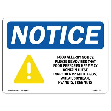 SignMission Notice Food Allergy Notice Please Be with Symbol OSHA Decal Sign