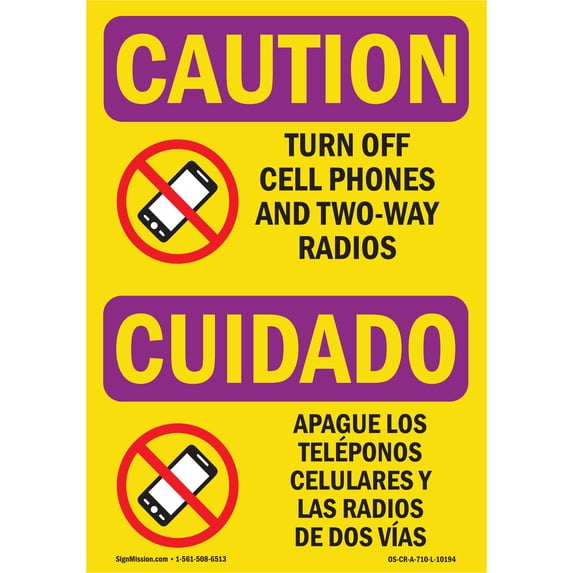SignMission OS-CR-A-1824-L-10194 18 x 24 in. OSHA Caution Radiation Sign - Turn Off Cell Phones Bilingual