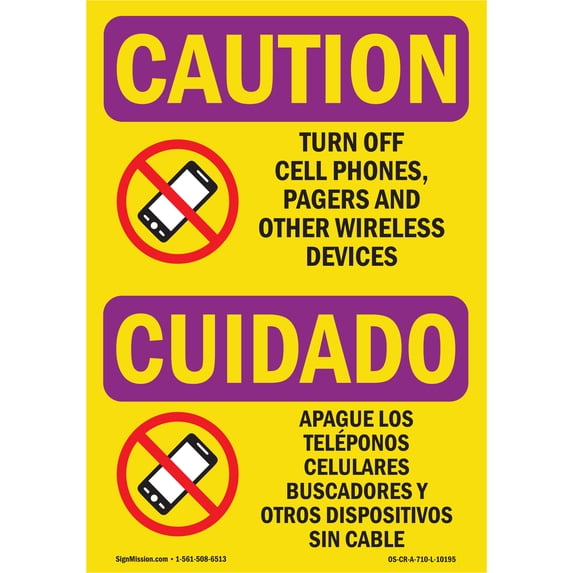 SignMission OS-CR-A-1824-L-10195 18 x 24 in. OSHA Caution Radiation Sign - Turn Off Cell Phones Bilingual