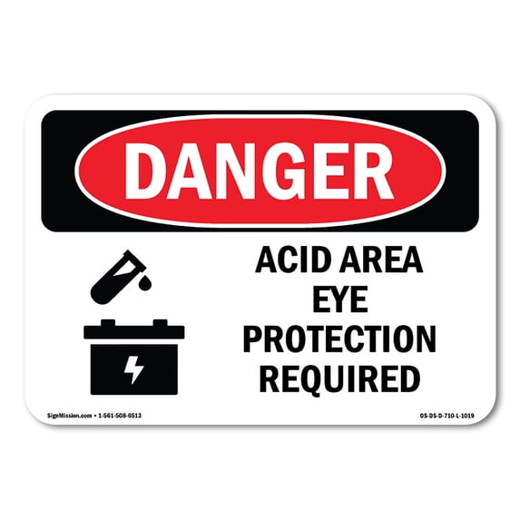 SignMission OS-DS-A-1824-L-1019 18 x 24 in. OSHA Danger Sign - Acid Area Eye Protection Required