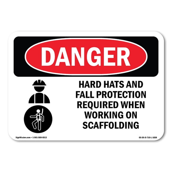 SignMission OS-DS-A-1824-L-1658 18 x 24 in. OSHA Danger Sign - Hats Fall Protection Required Scaffolding