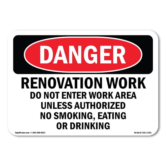 SignMission OS-DS-A-1824-L-1751 18 x 24 in. OSHA Danger Sign - Renovation Work Do Not Enter Work Area