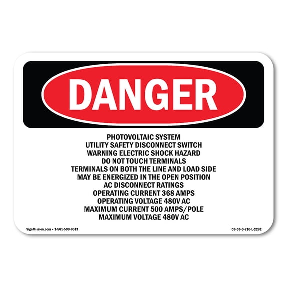 OSHA Danger Sign - Photovoltaic System Utility Safety Disconnect | Aluminum Sign | Protect Your Business, Construction Site, Shop Area | Made in The USA