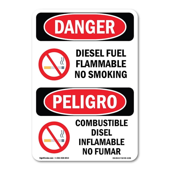 SignMission OS-DS-A-1824-VS-1128 18 x 24 in. OSHA Danger Sign - Diesel Fuel Flammable No Smoking Bilingual