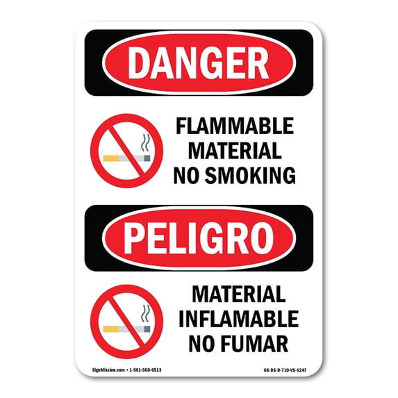 SignMission OS-DS-A-1824-VS-1247 18 x 24 in. OSHA Danger Sign - Flammable Material No Smoking Bilingual