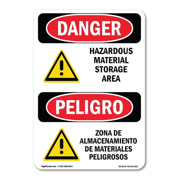 SignMission OS-DS-A-1824-VS-1313 18 x 24 in. OSHA Danger Sign - Hazardous Material Storage Area Bilingual