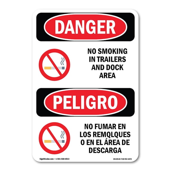 SignMission OS-DS-A-1824-VS-1472 18 x 24 in. OSHA Danger Sign - No Smoking in Trailers Dock Bilingual