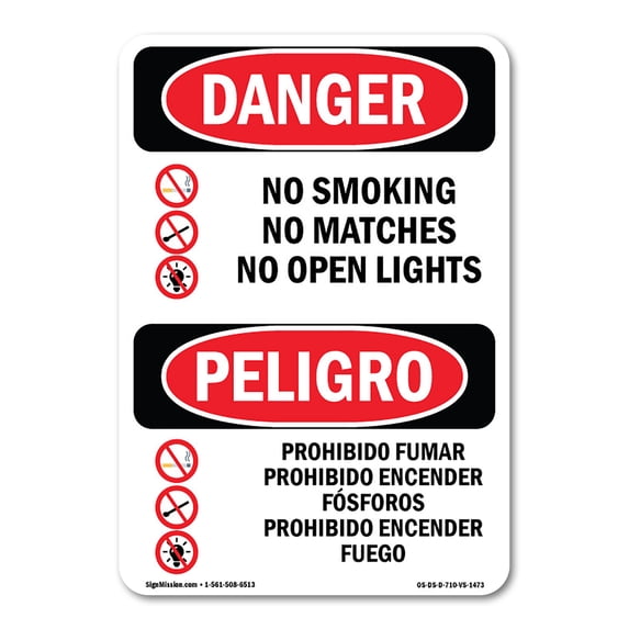 SignMission OS-DS-A-1824-VS-1473 18 x 24 in. OSHA Danger Sign - No Smoking Matches Open Lights Bilingual