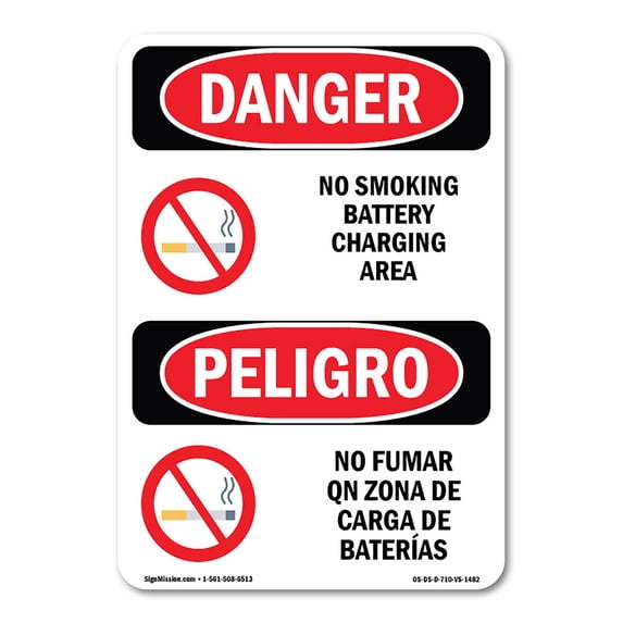 SignMission OS-DS-A-1824-VS-1482 18 x 24 in. OSHA Danger Sign - No Smoking Battery Charging Area Bilingual