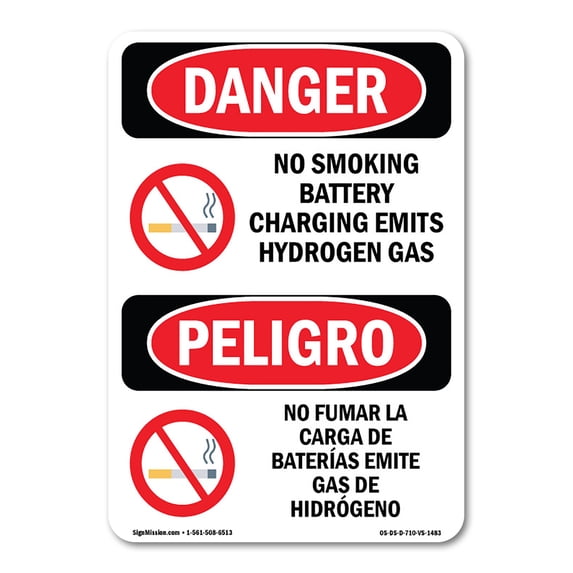SignMission OS-DS-A-1824-VS-1483 18 x 24 in. OSHA Danger Sign - No Smoking Battery Charging Area Bilingual