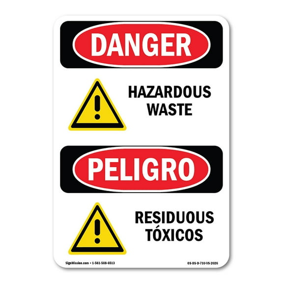 SignMission OS-DS-A-1824-VS-2026 18 x 24 in. OSHA Danger Sign - Hazardous Waste - Residuos Toxicos