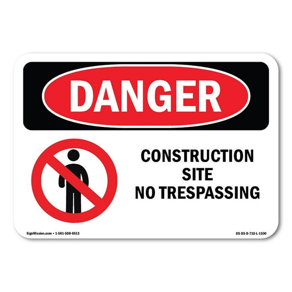 SignMission OS-DS-D-35-L-1100 OSHA Danger Sign - Construction Site No Trespassing