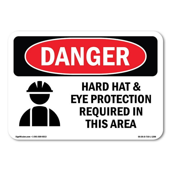 SignMission OS-DS-D-35-L-1289 OSHA Danger Sign - Hard Hat Eye Protection Required