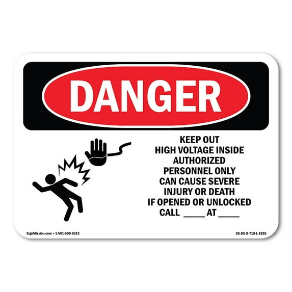 SignMission OS-DS-D-35-L-1925 OSHA Danger Sign - Keep Out High Voltage