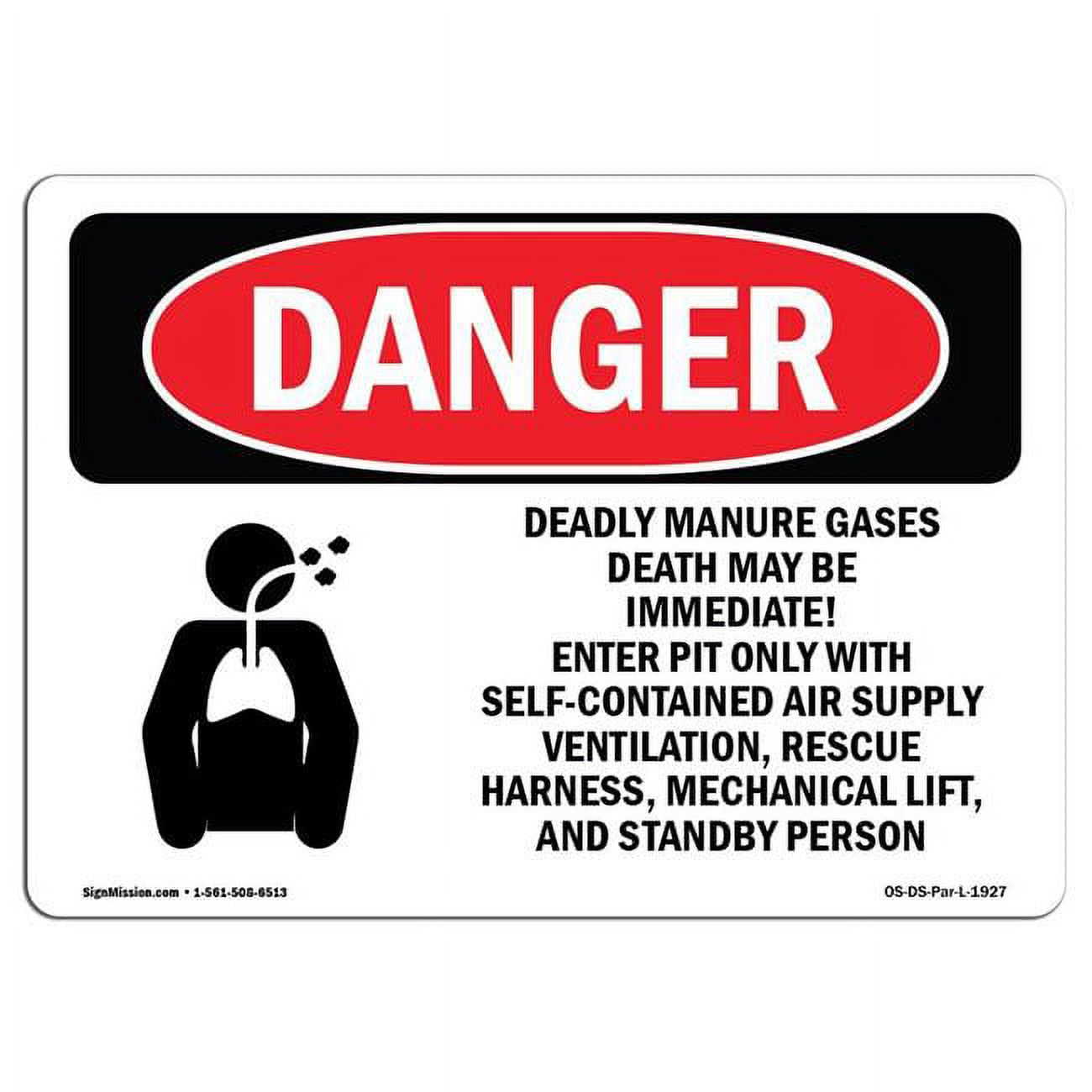 SignMission OSDSD35L1927 OSHA Danger Sign Deadly Manure Gas