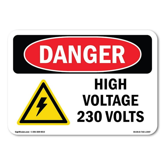 SignMission OS-DS-D-35-L-2197 OSHA Danger Sign - High Voltage 230 Volts