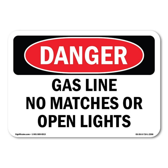 SignMission OS-DS-D-35-L-2398 OSHA Danger Sign - Gas Line No Matches or Open Lights