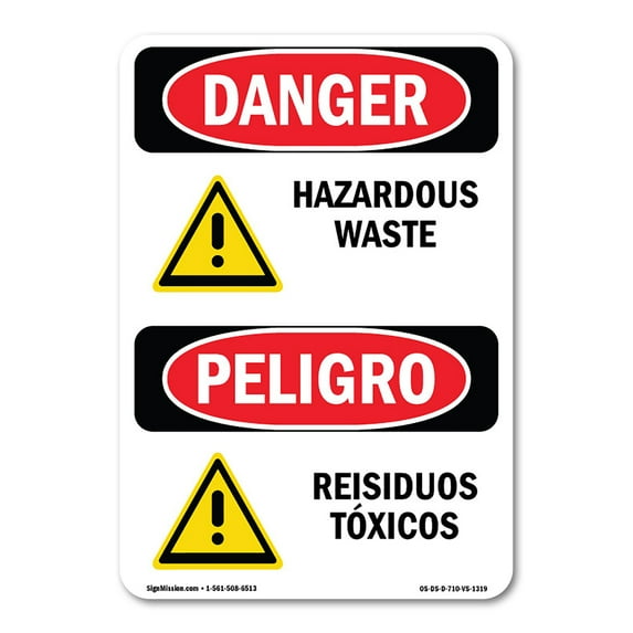 SignMission OS-DS-D-35-VS-1319 OSHA Danger Sign - Hazardous Waste Bilingual