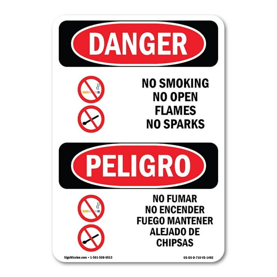 SignMission OS-DS-D-35-VS-1492 OSHA Danger Sign - No Smoking Open Flames Sparks Bilingual