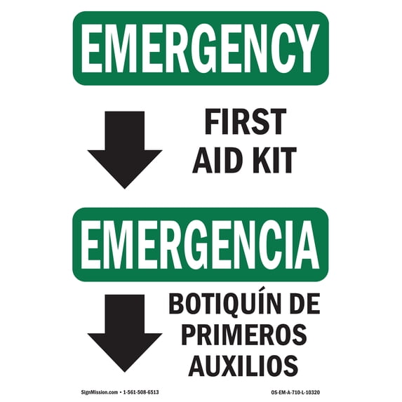 SignMission OS-EM-A-1824-L-10320 18 x 24 in. OSHA Emergency Sign - First Aid Kit Bilingual