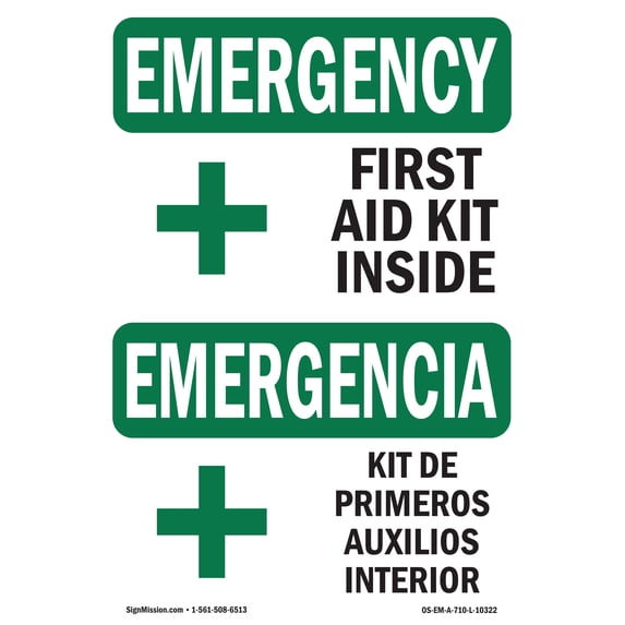 SignMission OS-EM-A-1824-L-10322 18 x 24 in. OSHA Emergency Sign - First Aid Kit Inside Bilingual