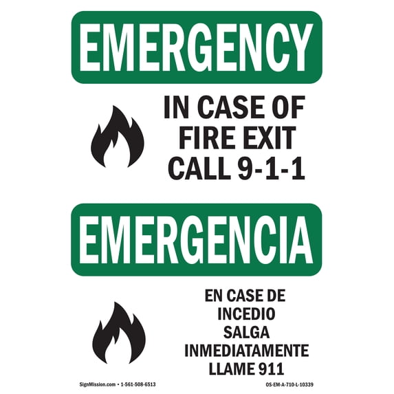 SignMission OS-EM-A-1824-L-10339 18 x 24 in. OSHA Emergency Sign - In Case of Fire Exit Call 9-1-1 Bilingual