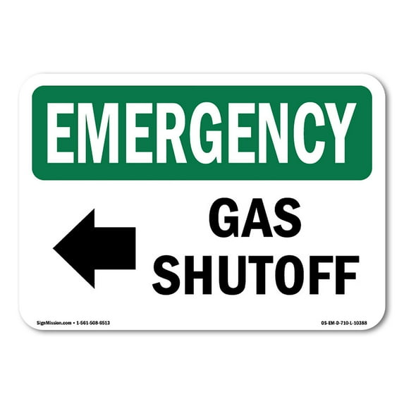 SignMission OS-EM-A-1824-L-10388 18 x 24 in. OSHA Emergency Sign - Gas Shutoff Left Arrow with Symbol