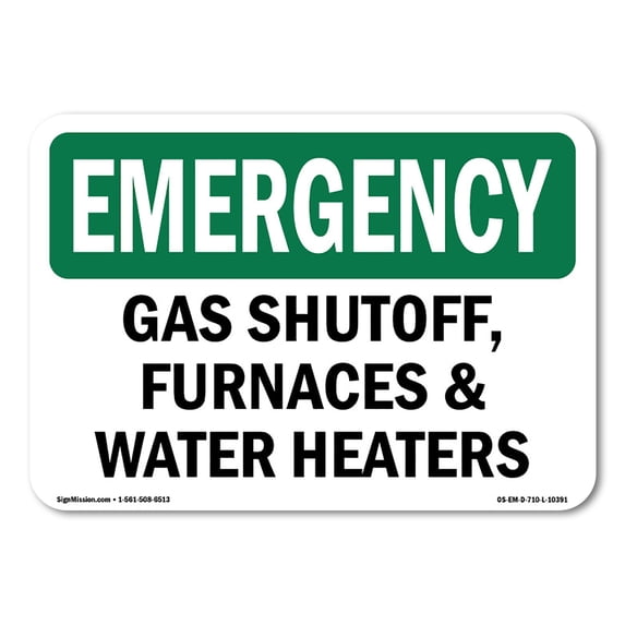 SignMission OS-EM-A-1824-L-10391 18 x 24 in. OSHA Emergency Sign - Gas Shutoff, Furnaces & Water Heaters