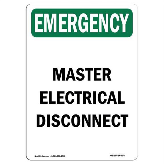 SignMission OS-EM-A-1824-V-10518 18 x 24 in. OSHA Emergency Sign - Master Electrical Disconnect