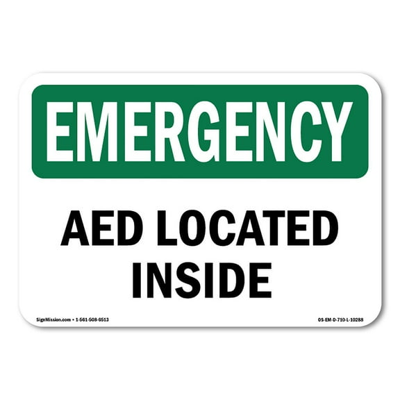 SignMission OS-EM-D-35-L-10288 OSHA Emergency Sign - Aed Located Inside