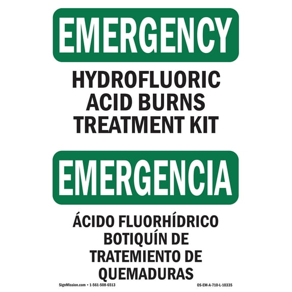 SignMission OS-EM-D-35-L-10335 OSHA Emergency Sign - Hydrofluoric Acid Burns Kit Bilingual
