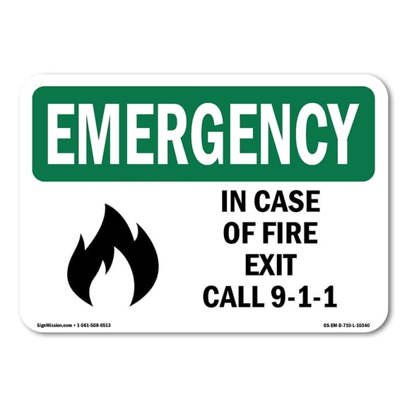 SignMission OS-EM-D-35-L-10340 OSHA Emergency Sign - In Case of Fire Exit Call 9-1-1