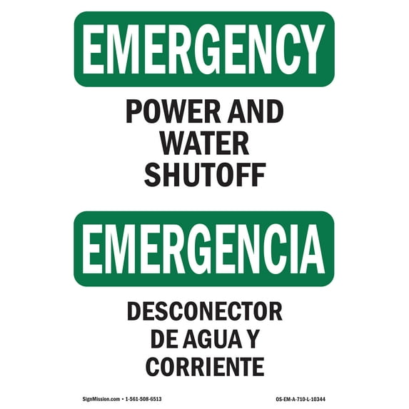 SignMission OS-EM-D-35-L-10344 OSHA Emergency Sign - Power & Water Shutoff