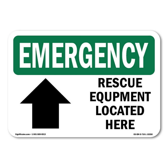 SignMission OS-EM-D-35-L-10350 OSHA Emergency Sign - Rescue Equipment Located Here